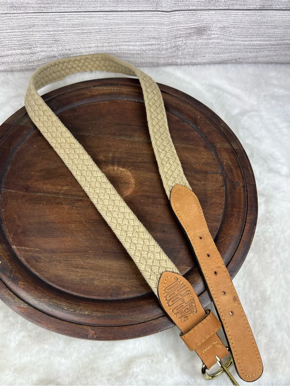 Vintage Zep-Pro Sport Belt 36 Taupe Woven Rope Leather Ends Brass Buckle USA
